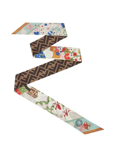 Fendi Silk Foulard Floral Accents Geometric Patterns In Multi