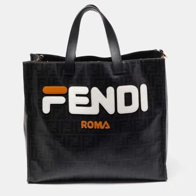 Pre-owned Fendi X Fila Black Zucca Coated Canvas Mania Shopping Tote