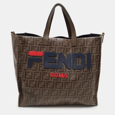 Pre-owned Fendi X Fila Brown Zucca Coated Fabric Large Ff 1974 Mania Shopping Tote