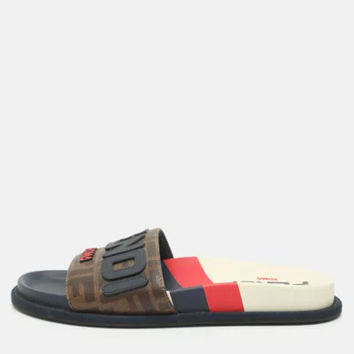 Pre-owned Fendi X Fila Mania Logo Applique Size 38 Brown Zucca Coated Canvas Flat Slides
