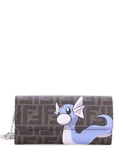 Pre-owned Fendi X Frgmt Pokemon Continental Chain Wallet Embellished Zucca Canvas Crossbody Bag In Brown