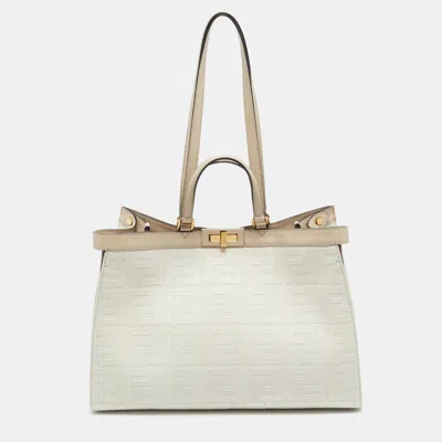 Pre-owned Fendi X Lite Peekaboo Beige Zucca Canvas And Leather Tote In Sand