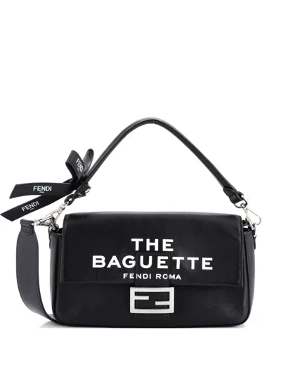 Pre-owned Fendi X Marc Jacobs Bow Baguette Nm Bag Printed Leather Medium Shoulder Bag In Black