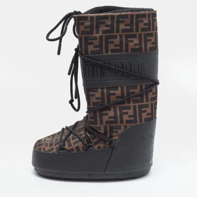 Pre-owned Fendi X Moon Size 35-38 Black Brown Zucca Fabric And Leather Snow Boots