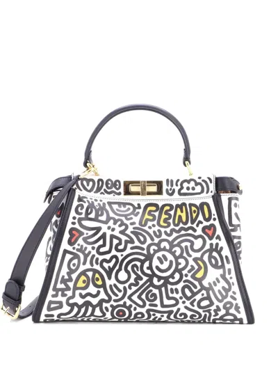 Pre-owned Fendi X Mr. Doodle Peekaboo Iconic Bag Printed Leather Regular Satchel In Black