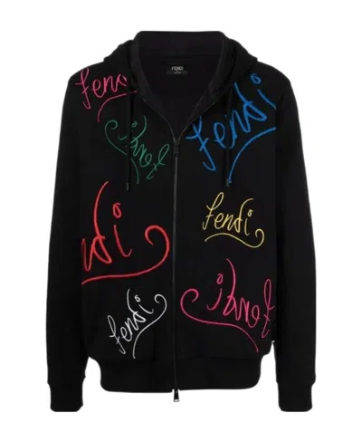 Fendi X Noel Fielding Logo-embroidered Zipped Hoodie In Black