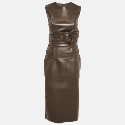 Pre-owned Fendi X Skims Brown Leather Pleated Detail Midi Dress S
