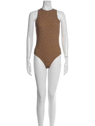 Pre-owned Fendi X Skims Graphic Print Crew Neck Bodysuit In Brown