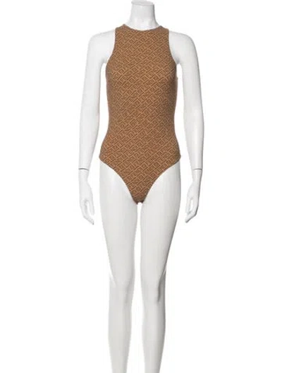 Pre-owned Fendi X Skims Graphic Print Crew Neck Bodysuit In Brown