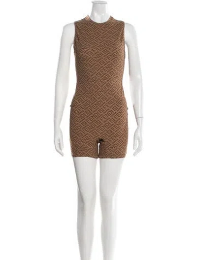 Pre-owned Fendi X Skims Graphic Print Crew Neck Romper In Brown