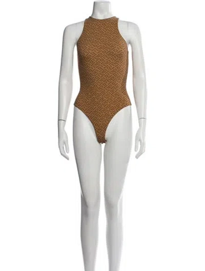 Pre-owned Fendi X Skims Graphic Print Mock Neck Bodysuit In Brown