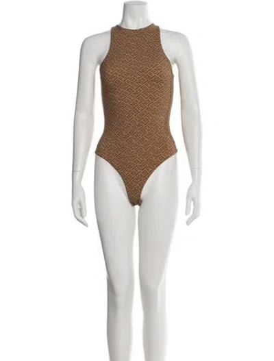 Pre-owned Fendi X Skims Graphic Print Mock Neck Bodysuit In Brown