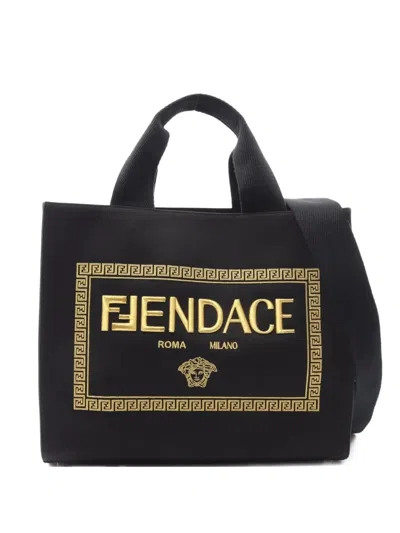 Pre-owned Fendi X Versace 2010s Fendace La Medusa Tote Bag In Black
