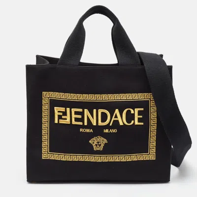 Pre-owned Fendi X Versace Black/gold Embroidered Canvas Medium Fendace Shopping Tote