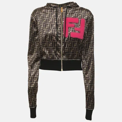 Pre-owned Fendi X Versace Fendace All-over Ff Monogram Velvet Cropped Zip-up Hoodie S In Brown