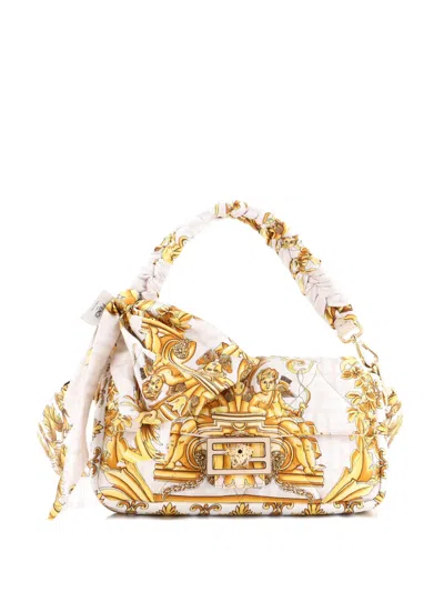 Pre-owned Fendi X Versace Fendace Baguette Nm Bag Quilted Printed Silk Medium Shoulder Bag In Neutral