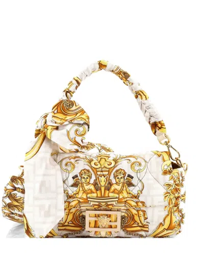 Pre-owned Fendi X Versace Fendace Baguette Nm Bag Quilted Printed Silk Medium Shoulder Bag In Neutral