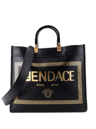 Pre-owned Fendi X Versace Fendace Convertible Sunshine Shopper Printed Leather Medium Tote Bag In Black