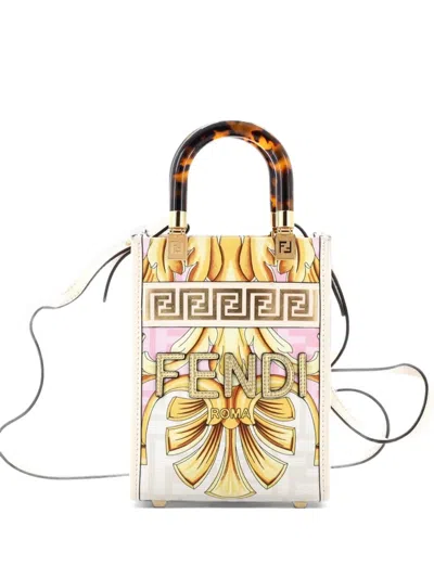 Pre-owned Fendi X Versace Fendace Convertible Sunshine Shopper Tote Printed Laminated Leather Mini Crossbody Bag In 中性色