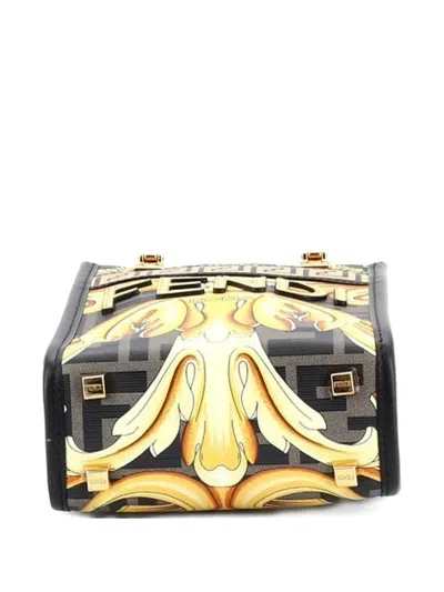 Pre-owned Fendi X Versace Fendace Convertible Sunshine Shopper Tote Printed Laminated Leather Mini Crossbody Bag In Multi