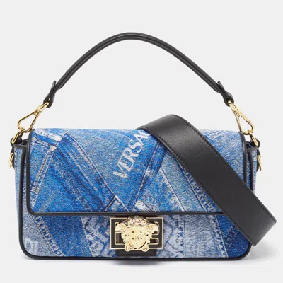 Fendi X Versace Fendace Denim And Leather Fendace Patchwork Baguette Bag In Blue