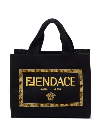 Pre-owned Fendi X Versace Fendace La Medusa Shopper Tote Bag In Black