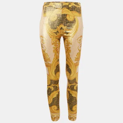 Pre-owned Fendi X Versace Fendace Yellow Logo Print Lurex Jersey Leggings S