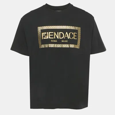 Pre-owned Fendi X Versace Fendance Black Logo Embroidery And Print Crew Neck T-shirt L