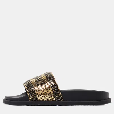 Pre-owned Fendi X Versace Gold Metal And Rubber Flat Slides Size 35