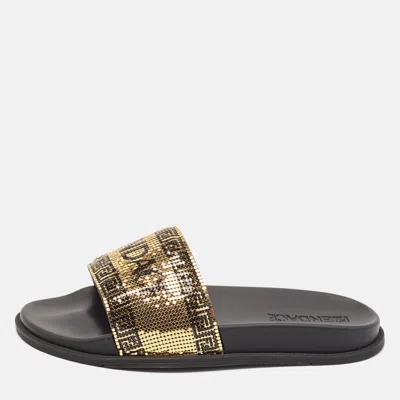 Pre-owned Fendi X Versace Gold/black Metal Mesh Pool Slides Size 44