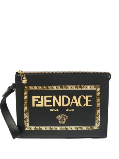 Pre-owned Fendi X Versace Logo Fendace Wristlet Calf Leather Clutch Bag In Black