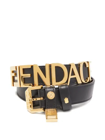 Pre-owned Fendi X Versace Logo Leather Belt In Black