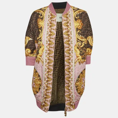 Pre-owned Fendi X Versace Multicolour Gold Baroque Zucca Pattern Silk Bomber Jacket S