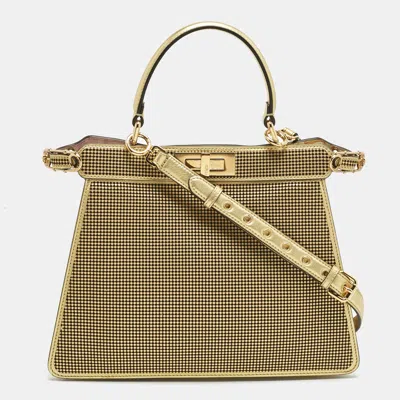 Pre-owned Fendi X Versace Perforated Leather Medium Peekaboo Iseeu Top Handle Bag In Gold