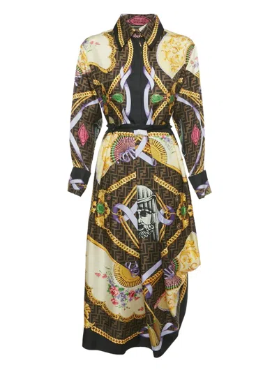 Pre-owned Fendi X Versace Silk Baroque-print Skirt And Shirt Set In Brown