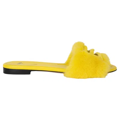 Pre-owned Fendi Yellow Baguette Mink Fur Slide Sandals Shoes 39