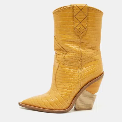 Pre-owned Fendi Yellow Croc Embossed Leather Cowboy Mid Calf Boots Size 35