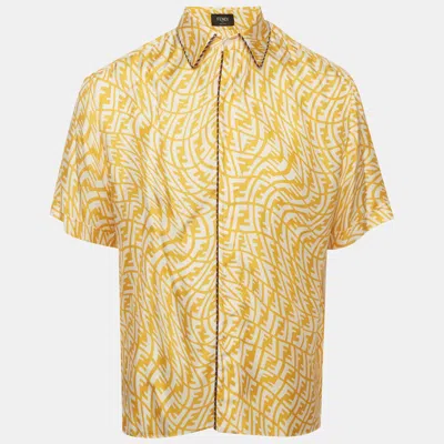 Pre-owned Fendi Yellow Ff All Over Silk Short Shirt M