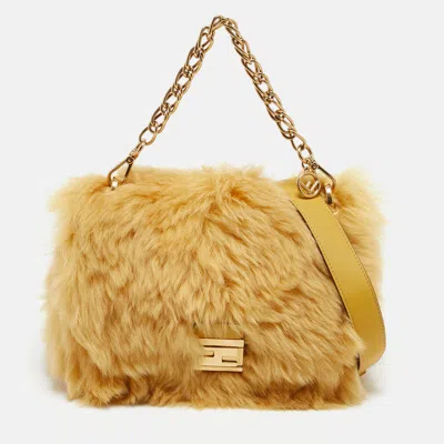 Pre-owned Fendi Yellow Fur Kan U Top Handle Bag