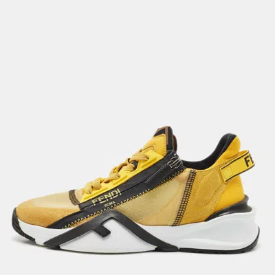 Pre-owned Fendi Yellow Mesh And Suede Flow Sneakers Size 36