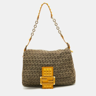 Pre-owned Fendi Yellow/beige Zucchino Canvas Large Studded Mama Forever Shoulder Bag