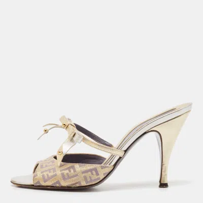 Pre-owned Fendi Yellow/brown Leather And Zucca Canvas Slide Sandals Size 36.5 In Multicolor
