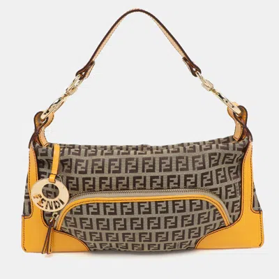 Pre-owned Fendi Yellow/brown Zucchino Canvas And Leather Small Chef Pocket Shoulder Bag