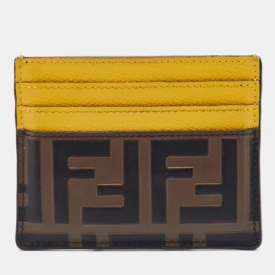 Pre-owned Fendi Yellow/tobacco Zucca Leather Card Holder In Brown