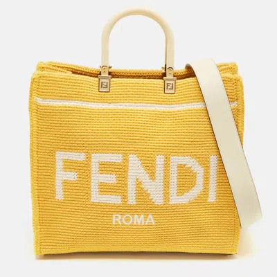 Pre-owned Fendi Yellow/white Crochet Fabric Medium Sunshine Shopper Tote