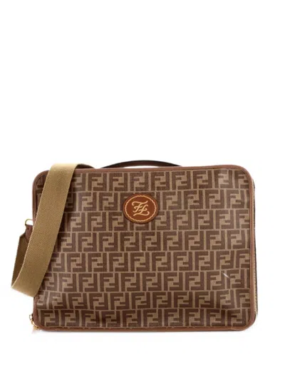 Pre-owned Fendi Zip Around Travel Bag Zucca Coated Canvas Large Satchel In Brown
