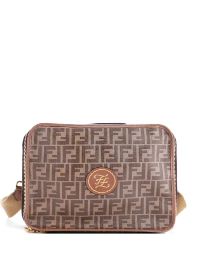 Pre-owned Fendi Zip Around Travel Bag Zucca Coated Canvas Small Business Bag In Brown