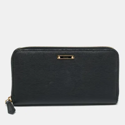 Pre-owned Fendi Zip Black Leather Continental Wallet