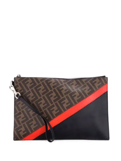 Pre-owned Fendi Zip Flat Wristlet Pouch Zucca Coated Canvas And Leather Medium Clutch Bag In Black