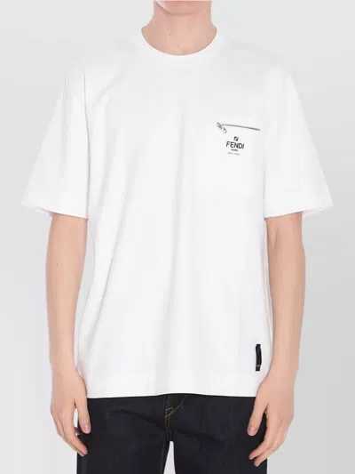 Fendi Men White Crewneck T-shirt With Log Print On The Front In Cotton Man